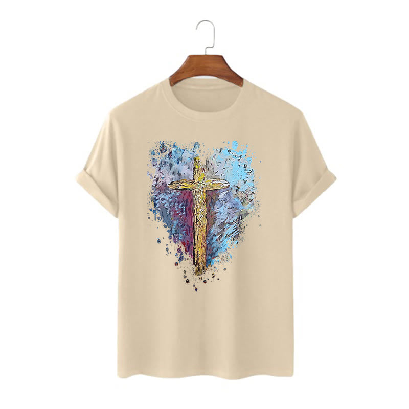 Christianartworkshop Classic Style Cross my Heart Short Sleeve Washed T-shirt - Khaki - 2XL - image 8