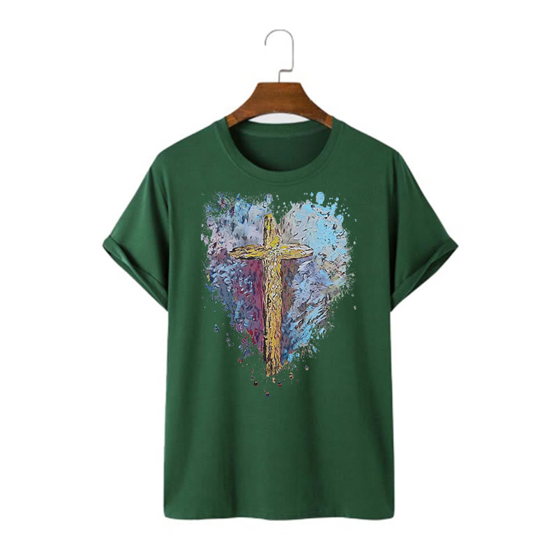 Christianartworkshop Classic Style Cross my Heart Short Sleeve Washed T-shirt - Dark Green - 2XL - image 10