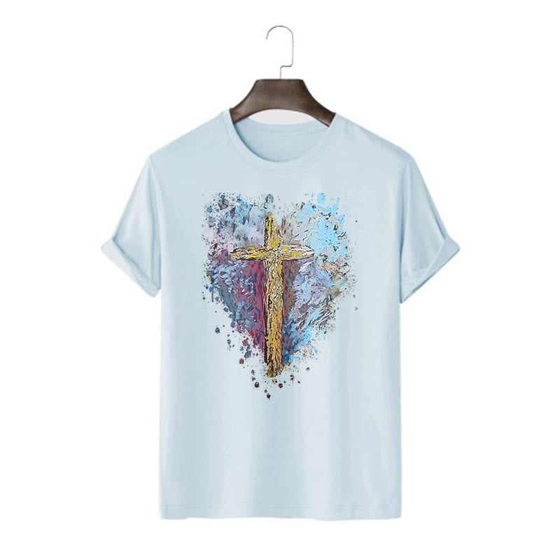 Christianartworkshop Classic Style Cross my Heart Short Sleeve Washed T-shirt - Blue - 2XL - image 18