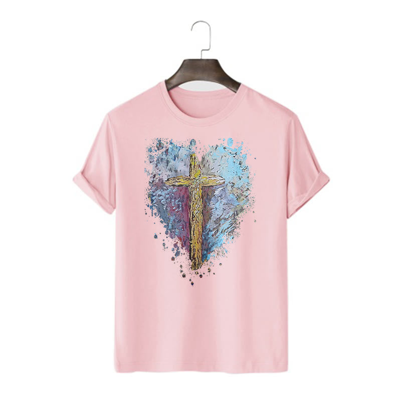 Christianartworkshop Classic Style Cross my Heart Short Sleeve Washed T-shirt - Pink - 2XL - image 14