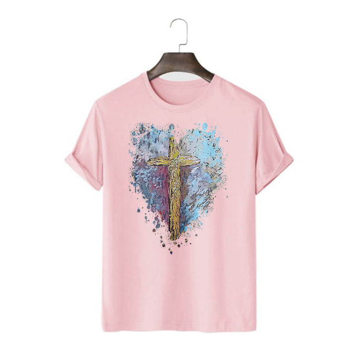 Christianartworkshop Classic Style Cross my Heart Short Sleeve Washed T-shirt - Pink - 2XL - image 14
