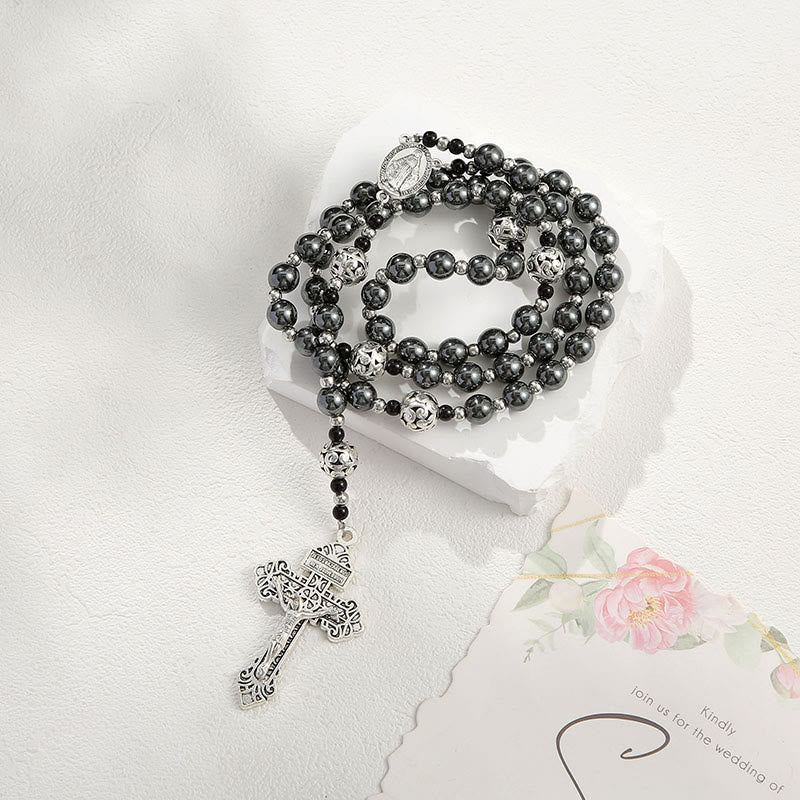 Miraculous Medal & Crucifix of 8 mm Round Black Gallstone Nylon Cord Rosary - 8mm Black Gallstone Round Bead Necklace - image 1