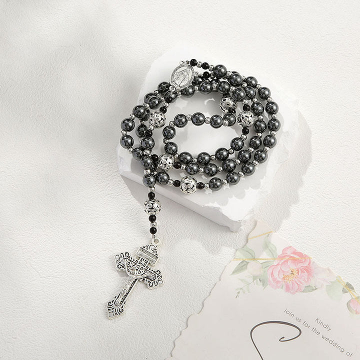 Miraculous Medal & Crucifix of 8 mm Round Black Gallstone Nylon Cord Rosary - 8mm Black Gallstone Round Bead Necklace - image 1