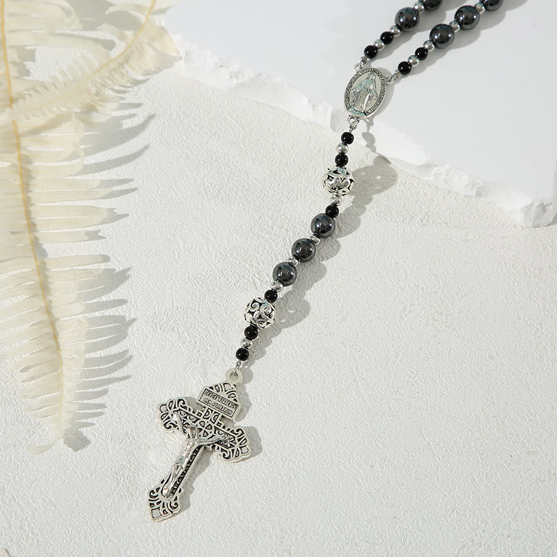 Miraculous Medal & Crucifix of 8 mm Round Black Gallstone Nylon Cord Rosary - image 4