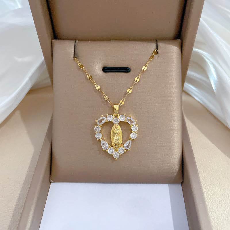 Christian Art Luxury Style Heart-shaped Gemstone Encrusted Our Lady of Guadalupe Pendant Necklace - image 2