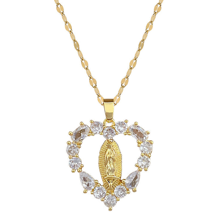 Christian Art Luxury Style Heart-shaped Gemstone Encrusted Our Lady of Guadalupe Pendant Necklace - image 6