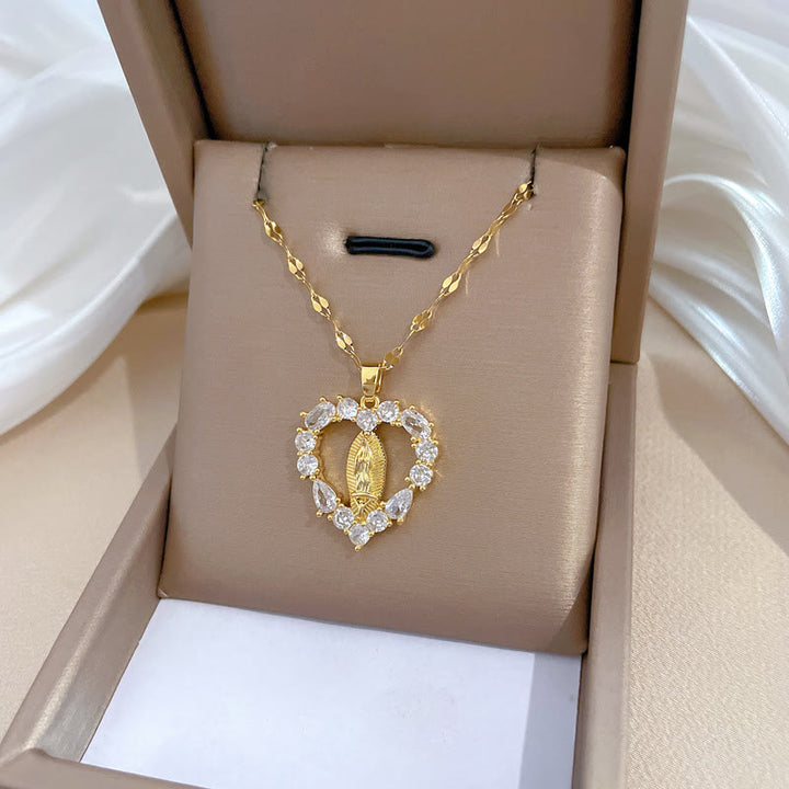 Christian Art Luxury Style Heart-shaped Gemstone Encrusted Our Lady of Guadalupe Pendant Necklace - image 3