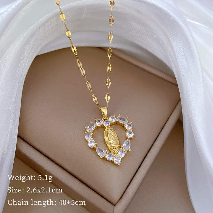 Christian Art Luxury Style Heart-shaped Gemstone Encrusted Our Lady of Guadalupe Pendant Necklace - image 5
