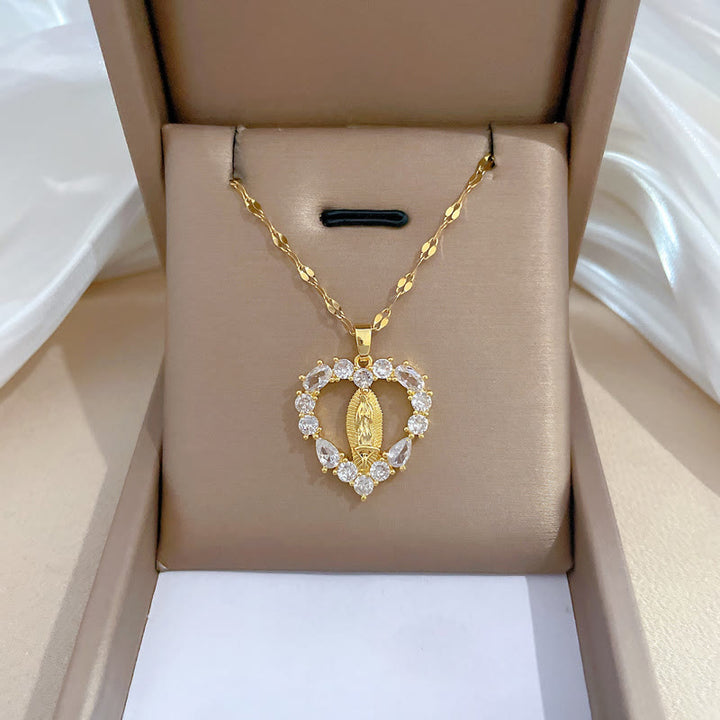 Christian Art Luxury Style Heart-shaped Gemstone Encrusted Our Lady of Guadalupe Pendant Necklace - image 1