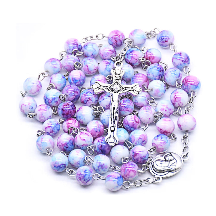 Madonna and Child & Crucifix of 6 mm Round Purple Glass Alloy Chain Rosary - image 3