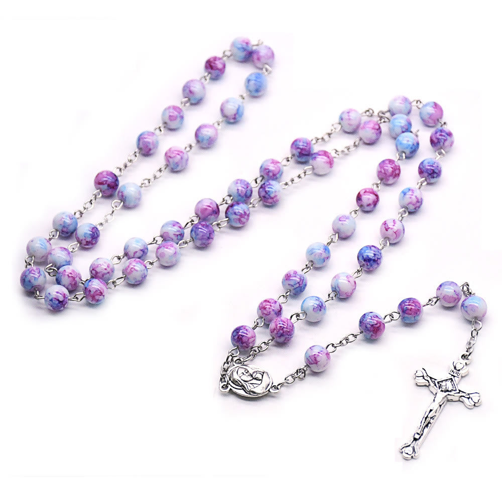 Madonna and Child & Crucifix of 6 mm Round Purple Glass Alloy Chain Rosary - Purple - image 1