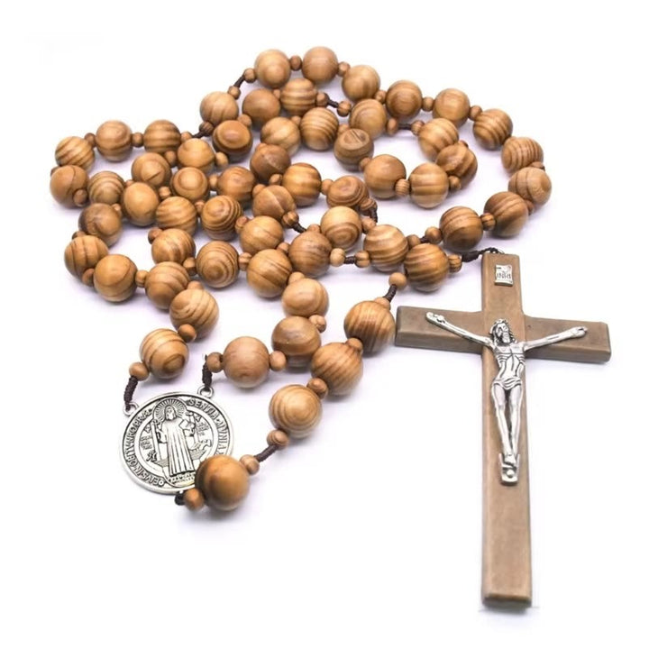 St. Benedict Medal & Crucifix of 15 mm Round Brown Wood Nylon Cord Wall Hanging Rosary - image 3