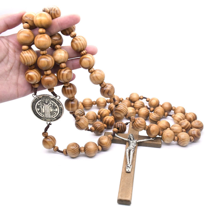 St. Benedict Medal & Crucifix of 15 mm Round Brown Wood Nylon Cord Wall Hanging Rosary - image 5