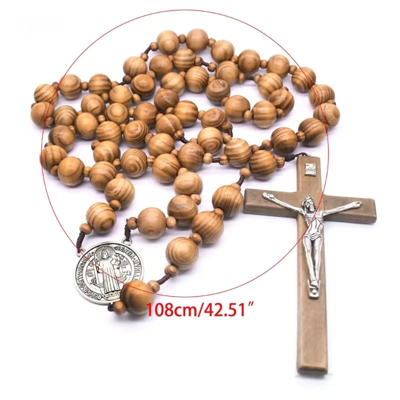 St. Benedict Medal & Crucifix of 15 mm Round Brown Wood Nylon Cord Wall Hanging Rosary - image 6