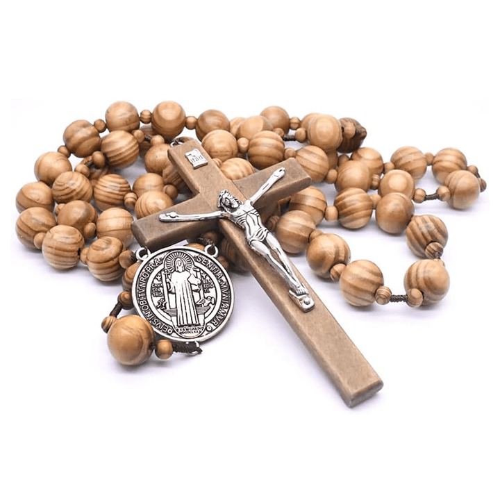 St. Benedict Medal & Crucifix of 15 mm Round Brown Wood Nylon Cord Wall Hanging Rosary - Brown - image 1