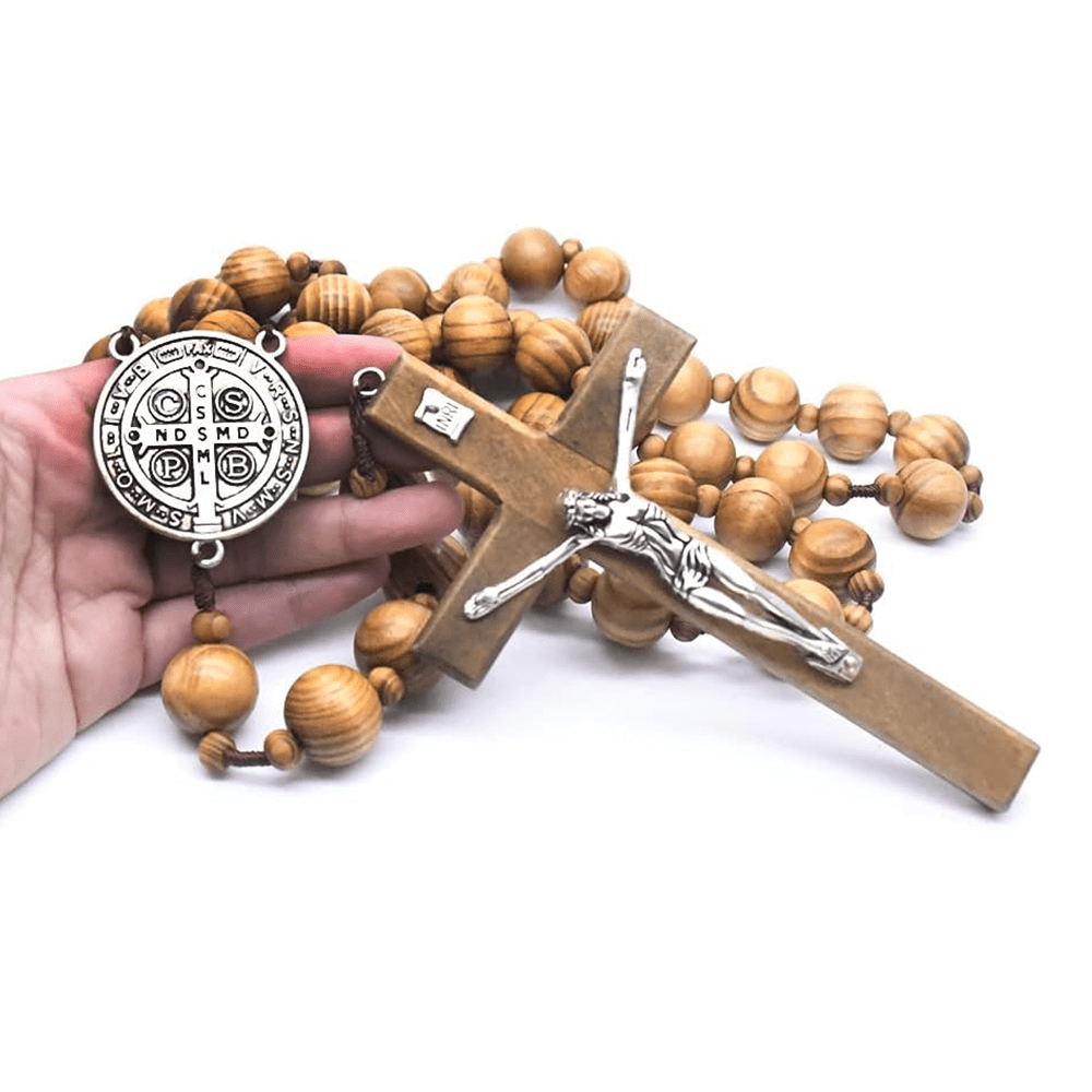 St. Benedict Medal & Crucifix of 15 mm Round Brown Wood Nylon Cord Wall Hanging Rosary - image 4
