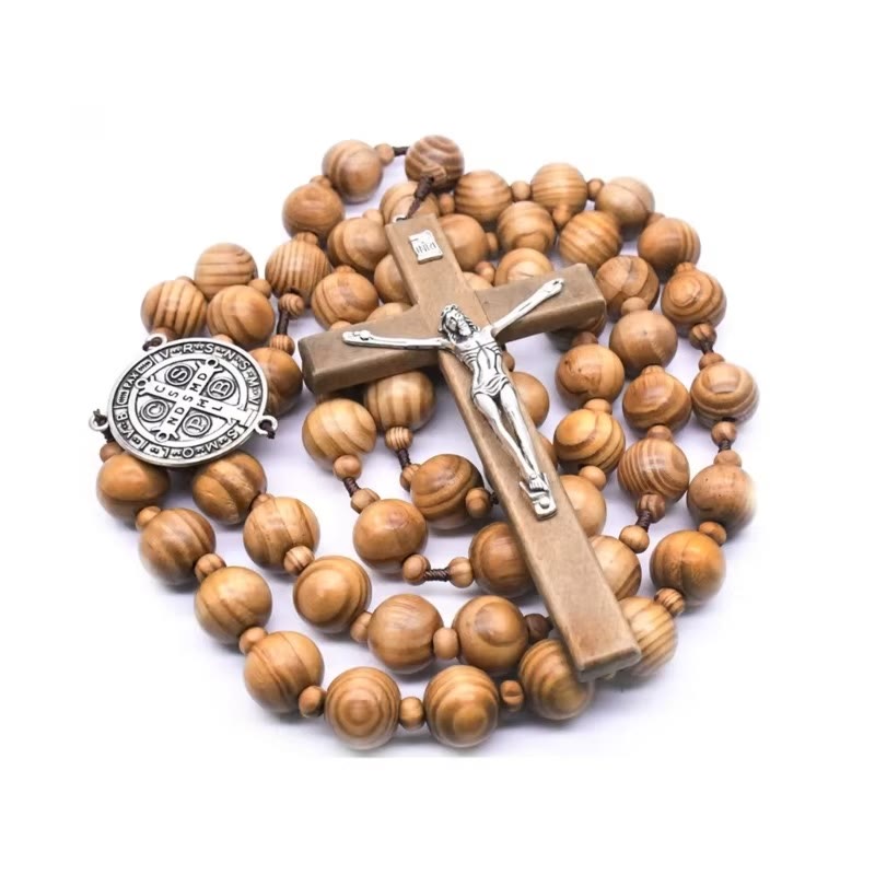St. Benedict Medal & Crucifix of 15 mm Round Brown Wood Nylon Cord Wall Hanging Rosary - image 2