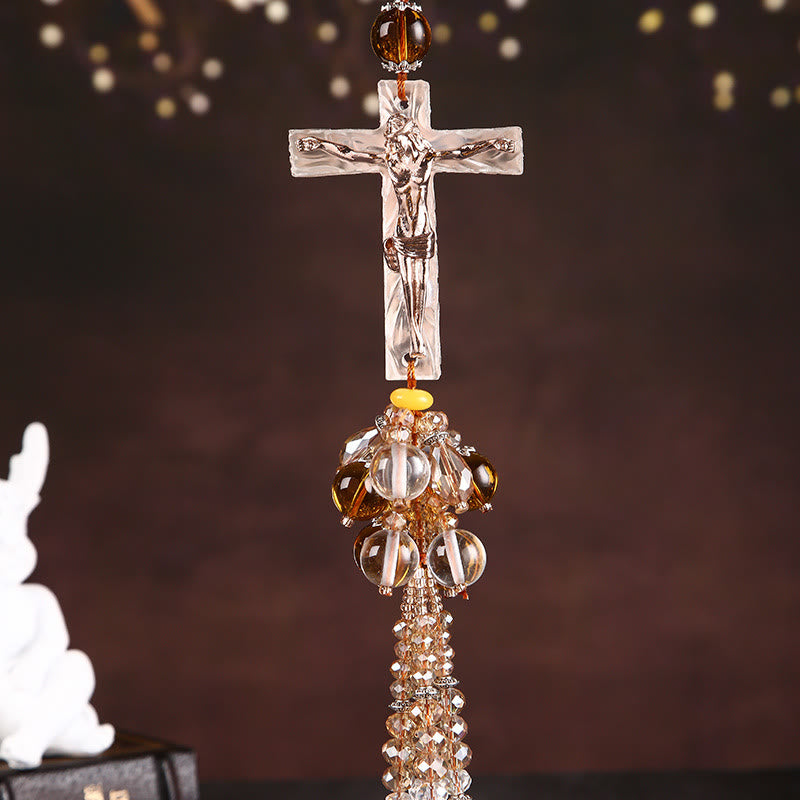 Christianartworkshop Modern Style Car Pendant Crafted Crucifix Crystal Tassels Car Hanging Ornaments  - Crucifix Bead Pendant - image 4