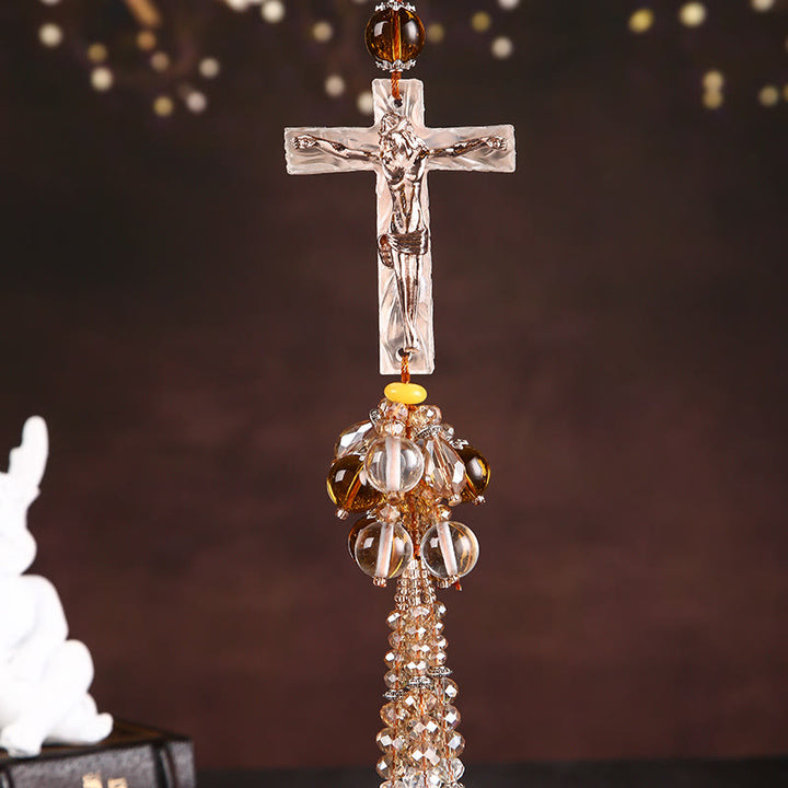 Christianartworkshop Modern Style Car Pendant Crafted Crucifix Crystal Tassels Car Hanging Ornaments  - Crucifix Bead Pendant - image 4