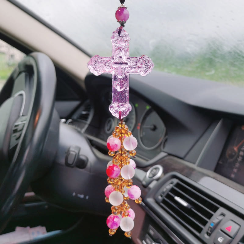 Christianartworkshop Modern Style Car Pendant Crafted Crucifix Crystal Tassels Car Hanging Ornaments  - Pink Bead Pendant - image 10