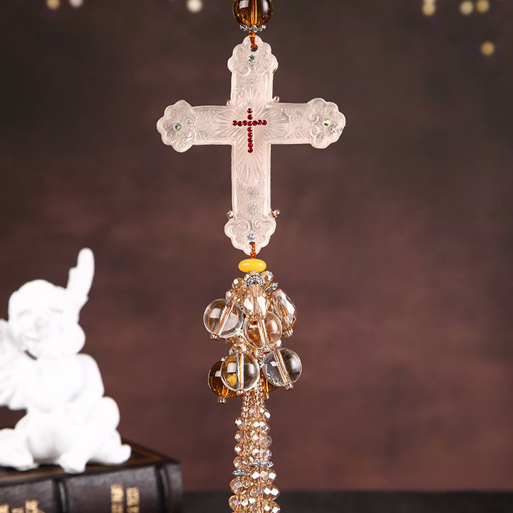 Christianartworkshop Modern Style Car Pendant Crafted Crucifix Crystal Tassels Car Hanging Ornaments  - White Bead Pendant - image 3