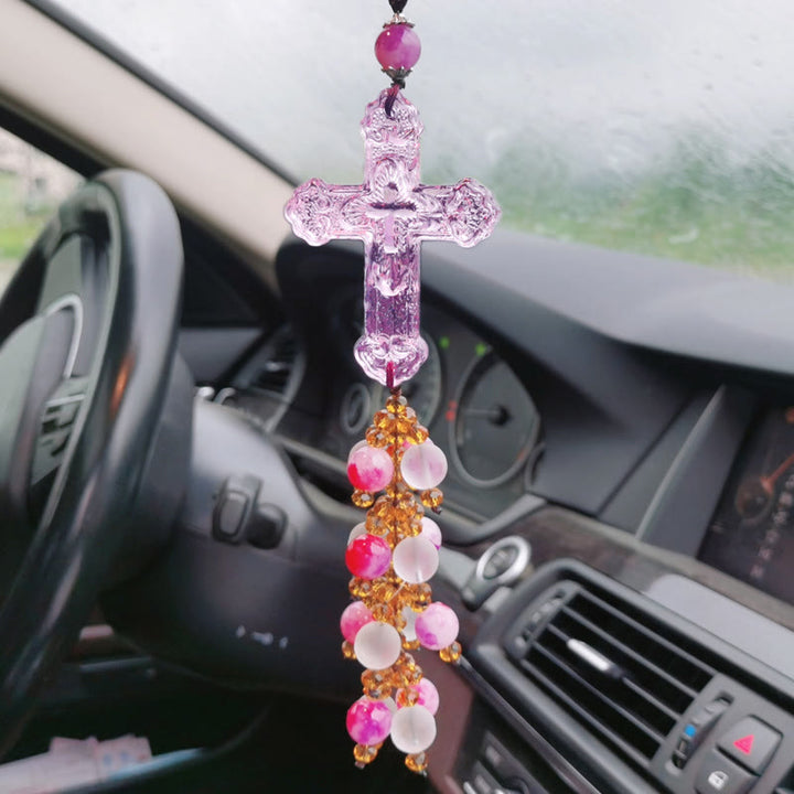 Christianartworkshop Modern Style Car Pendant Crafted Crucifix Crystal Tassels Car Hanging Ornaments  - Pink Bead Pendant - image 9