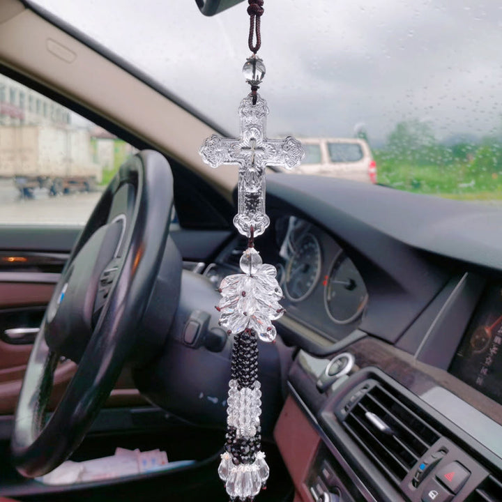Christianartworkshop Modern Style Car Pendant Crafted Crucifix Crystal Tassels Car Hanging Ornaments  - Clear Bead Pendant - image 12