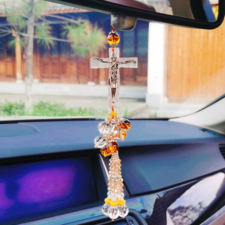 Christianartworkshop Modern Style Car Pendant Crafted Crucifix Crystal Tassels Car Hanging Ornaments  - image 6