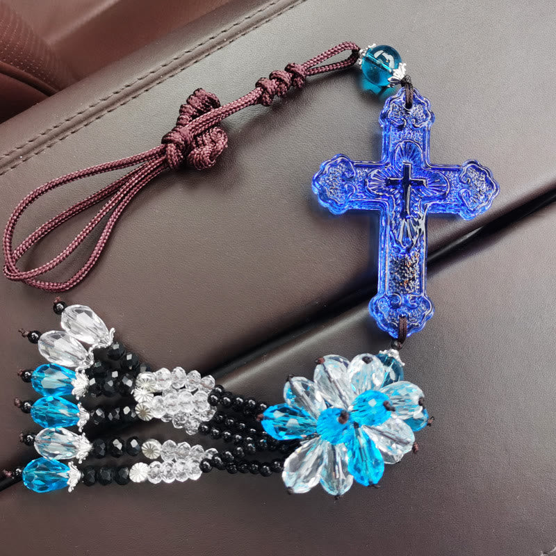 Christianartworkshop Modern Style Car Pendant Crafted Crucifix Crystal Tassels Car Hanging Ornaments  - Blue Bead Pendant - image 11