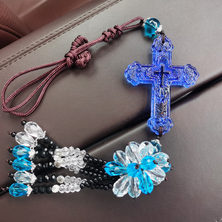 Christianartworkshop Modern Style Car Pendant Crafted Crucifix Crystal Tassels Car Hanging Ornaments  - Blue Bead Pendant - image 11