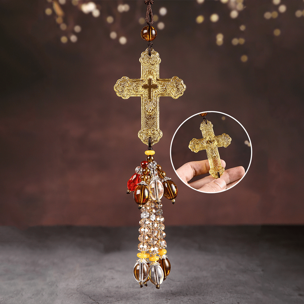 Christianartworkshop Modern Style Car Pendant Crafted Crucifix Crystal Tassels Car Hanging Ornaments  - Golden Bead Pendant - image 2
