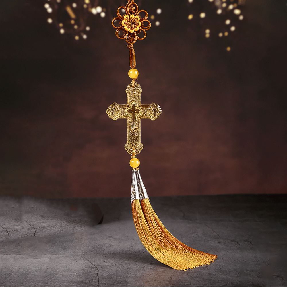 Christianartworkshop Modern Style Car Pendant Crafted Crucifix Crystal Tassels Car Hanging Ornaments  - Golden Tassels - image 1