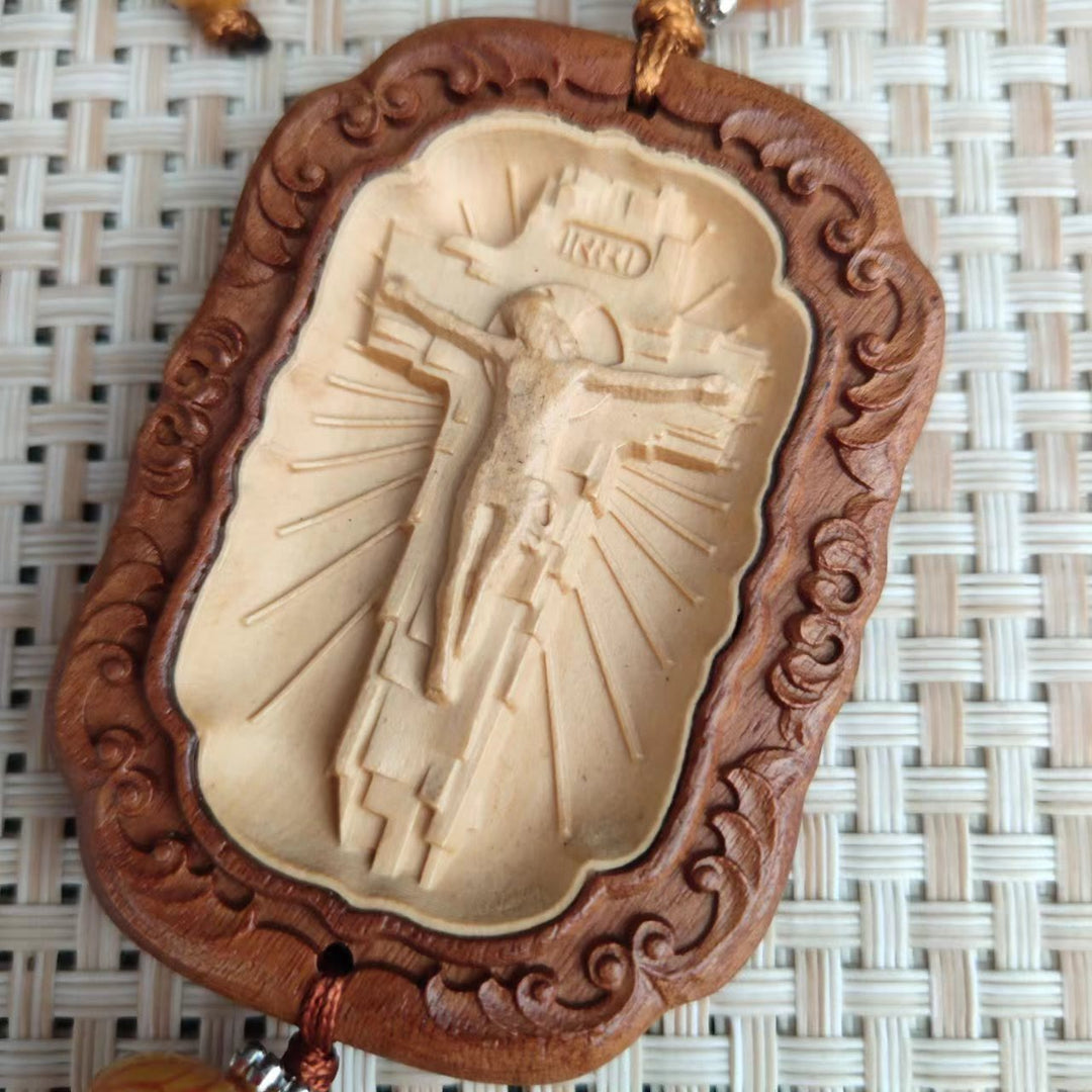 Christianartworkshop Classic Style Boxwood Crucifix Sign Tassels Car Rearview Mirror Hanging Ornament - image 1