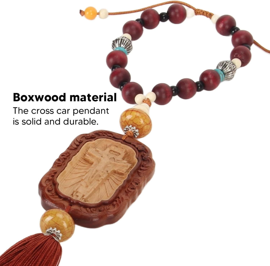 Christianartworkshop Classic Style Boxwood Crucifix Sign Tassels Car Rearview Mirror Hanging Ornament - image 4