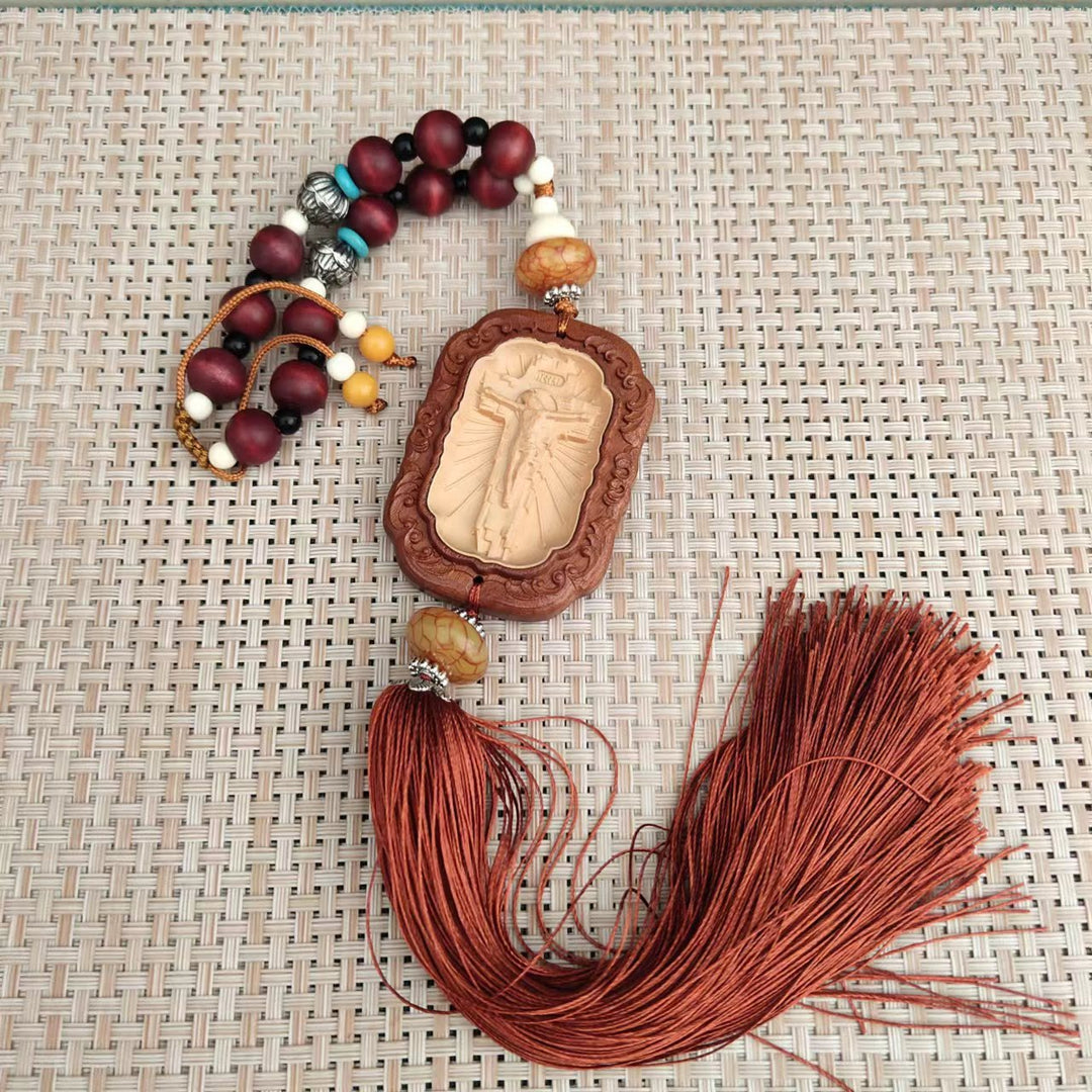 Christianartworkshop Classic Style Boxwood Crucifix Sign Tassels Car Rearview Mirror Hanging Ornament - Boxwood - image 1