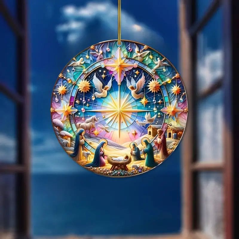 Christianartworkshop Stained Glass Styles Colorful Nativity Hanging Ornaments C - Nativity Scene - image 0