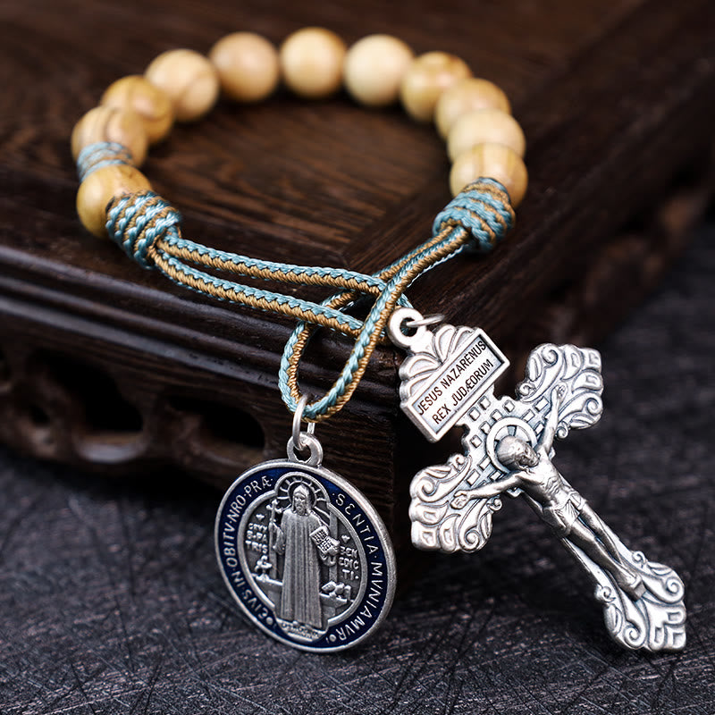 Christianartworkshop Olive Wood Saint Benedict Medal Decade Rosary - Cyan & Brown Cord - image 1