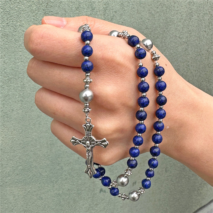 Christianartworkshop Natural Stone & Pearl Our Lady Medal Prayer Rosary - Royal Blue - image 0