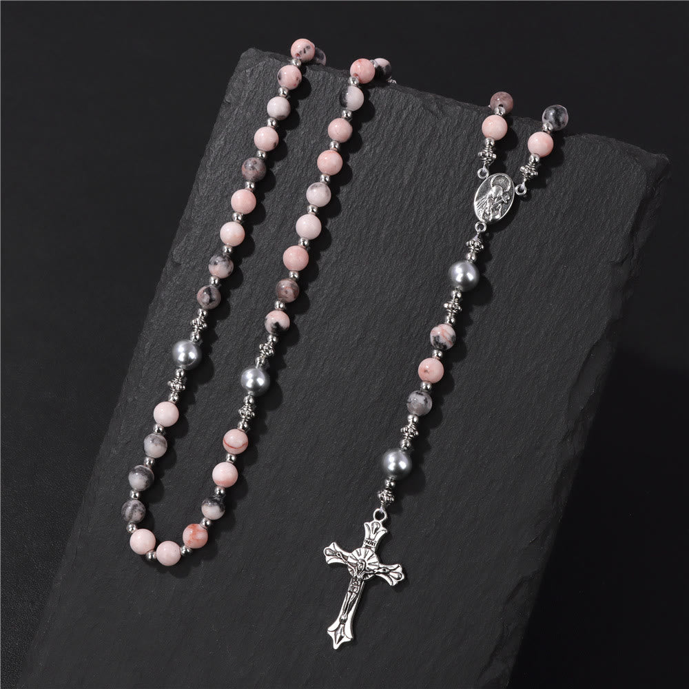 Christianartworkshop Natural Stone & Pearl Miraculous Medal Prayer Rosary - image 8