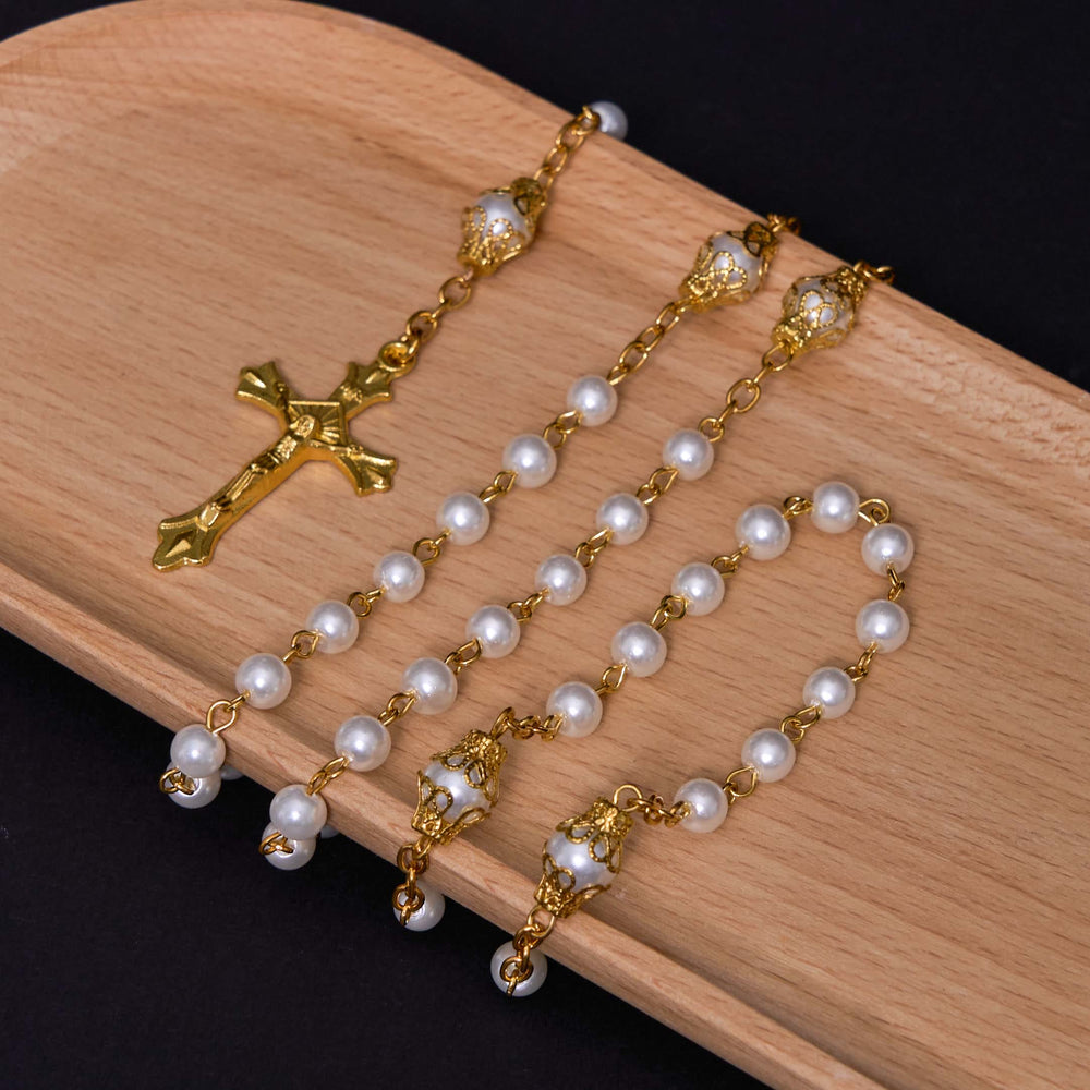 St. Benedict Medal & Crucifix of 6 mm Round White Pearl Alloy Chain Rosary - image 2