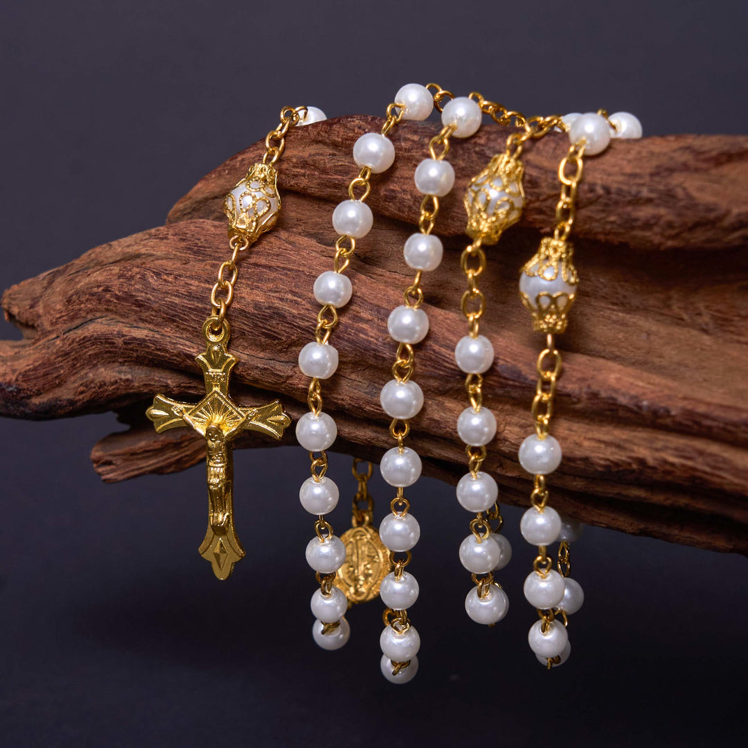 St. Benedict Medal & Crucifix of 6 mm Round White Pearl Alloy Chain Rosary - 🔥3 PCS - image 1