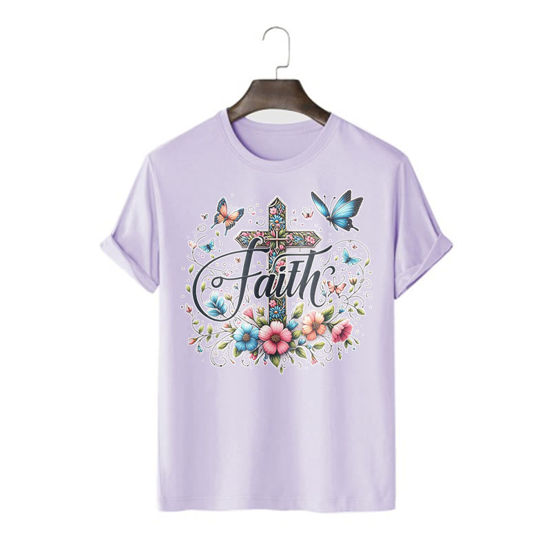 Christianartworkshop Bohemian Style Flowers and Cross Short Sleeve Washed T-shirt - Purple - 2XL - image 16