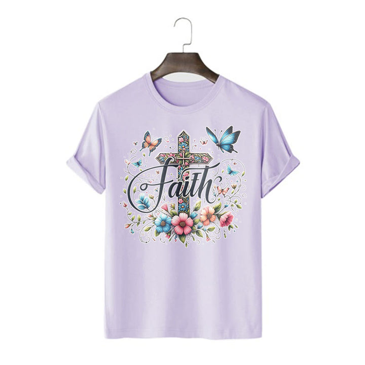 Christianartworkshop Bohemian Style Flowers and Cross Short Sleeve Washed T-shirt - Purple - 2XL - image 16