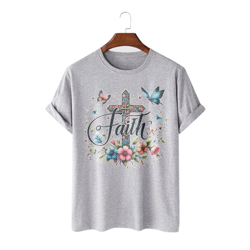 Christianartworkshop Bohemian Style Flowers and Cross Short Sleeve Washed T-shirt - Grey - 2XL - image 19
