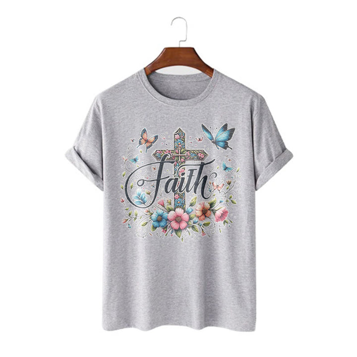 Christianartworkshop Bohemian Style Flowers and Cross Short Sleeve Washed T-shirt - Grey - 2XL - image 19