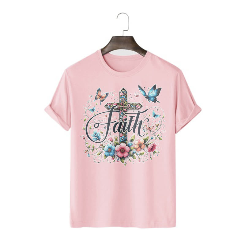 Christianartworkshop Bohemian Style Flowers and Cross Short Sleeve Washed T-shirt - Pink - 2XL - image 1