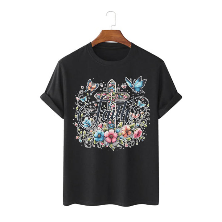 Christianartworkshop Bohemian Style Flowers and Cross Short Sleeve T-shirt - Black - 2XL - image 6