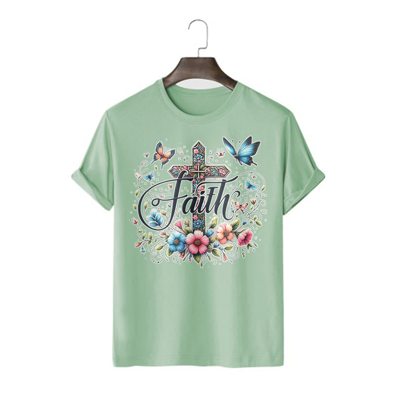 Christianartworkshop Bohemian Style Flowers and Cross Short Sleeve Washed T-shirt - Light Green - 2XL - image 14