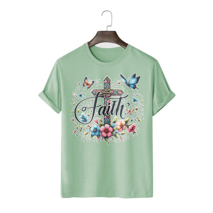 Christianartworkshop Bohemian Style Flowers and Cross Short Sleeve Washed T-shirt - Light Green - 2XL - image 14