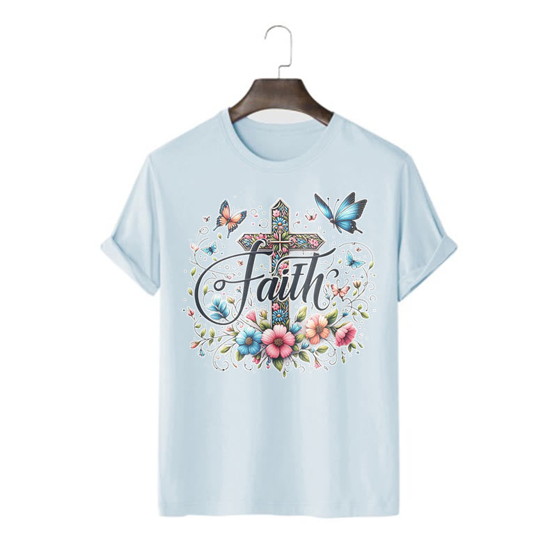 Christianartworkshop Bohemian Style Flowers and Cross Short Sleeve Washed T-shirt - Blue - 2XL - image 18